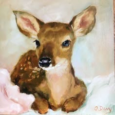 a painting of a baby deer sitting on top of a white cloth covered bed sheet