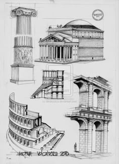 four architectural drawings of roman buildings and columns, from the early 20th century to the present day