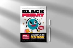 a black friday flyer with a cartoon character on the front and back cover, next to a pen