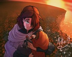 an animated image of a woman holding a man in the middle of a field at sunset