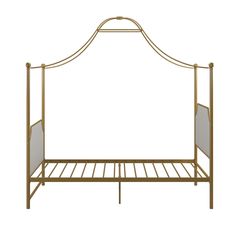 a gold metal bed frame with white sheets