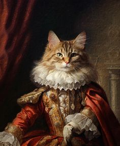 a painting of a cat wearing a red and gold outfit with a white lace collar