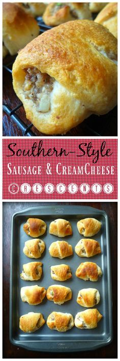 sausage and cream cheese crescent rolls on a baking sheet with the recipe title above it