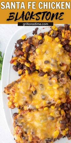 an image of chicken and black bean enchiladas on a white plate with text overlay