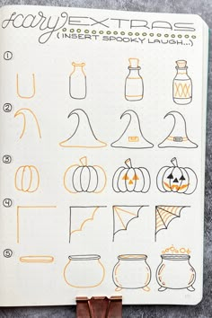 an open notebook with doodles and pumpkins on the pages, which are drawn in orange ink