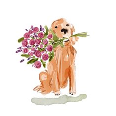 a watercolor drawing of a dog with flowers in it's mouth, holding a stick