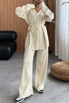 SPU: YSYYJ240905038 Style: Elegant Color: Beige/Grey Season: Fall/Winter Neckline: Lapel Sleeve Length: Long Sleeve Material: Blend Size: S/M/L/XL/2XL/3XL Top Size: Size Chart： Length Bust Sleeve Length CM inch CM inch CM inch S 75 29.5  95 37.4  62 24.4  M 76 29.9  100 39.4  63 24.8  L 77 30.3  105 41.3  64 25.2  XL 78 30.7  110 43.3  65 25.6  2XL 79 31.1  115 45.3  66 26.0  3XL 80 31.5  120 47.2  67 26.4  Pant Size: Size Chart： Length Waist Hip CM inch CM inch CM inch S 101 39.8  70 27.6  95 37.4  M 102 40.2  75 29.5  100 39.4  L 103 40.6  80 31.5  105 41.3  XL 104 40.9  85 33.5  110 43.3  2XL 105 41.3  90 35.4  115 45.3  3XL 106 41.7  95 37.4  120 47.2  This data was obtained from manually measuring the product, it may be off by 1-2 CM. Casual Ribbed Sets For Spring, Cream Long Sleeve Sets For Fall, Casual Cream Sets For Spring, Beige Long Sleeve Trendy Sets, Casual Cream Sets For Fall, Trendy Beige Long Sleeve Sets, Beige Casual Sets For Fall, Beige Winter Workwear Sets, Beige Winter Sets For Office Wear