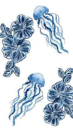 three jellyfishs and two flowers are shown in blue ink on a white background