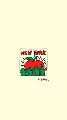 the new york apple logo is shown on a white background with green leaves and red apples