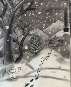 a black and white drawing of a snowy scene with trees, snowman and dog