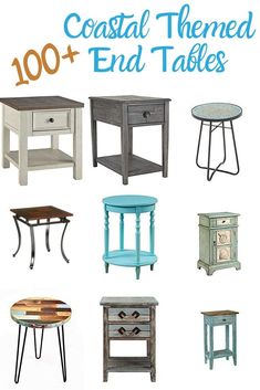 some tables and stools with the words coastal themed end tables