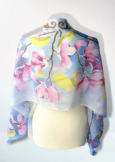 Blue silk scarf MAGNOLIA FLOWERS hand painted pastel by MinkuLUL Pastel Scarf, Painting Hacks, Saree Painting Designs, Flowers Pastel, Painted Clothing, Blue Silk Scarf, Summer Shawl, Hand Painted Clothing, Long Silk Scarf