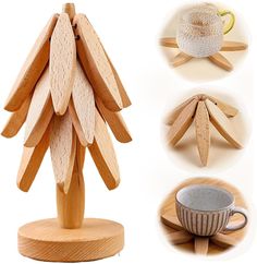 four different types of wooden spoons and cups