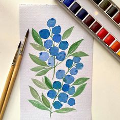 a watercolor painting of blueberries with green leaves on white paper next to paintbrushes