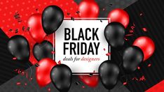 black friday sale banner with balloons and confetti on red background - free vector illustration