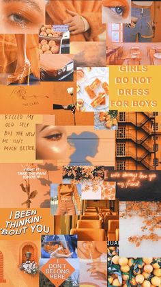 an orange collage with words and pictures