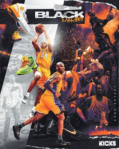 an advertisement for the black mamba basketball team featuring two players in yellow and purple uniforms