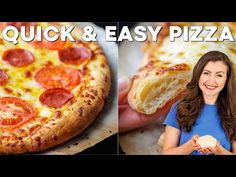 a woman holding a slice of pizza in her hand and the words quick & easy pizza on it