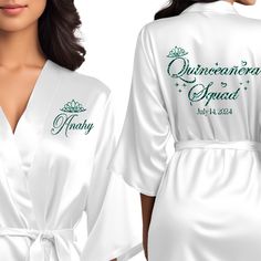 The perfect personalized satin white quince robes for the entire quinceanera squad. White Quince, Personalized Robe, Silk Robe, Quince, Getting Ready, In Style, Make Your, Satin, White