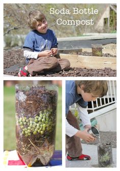 kids are playing with some plants in a jar and another child is pouring water into it