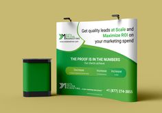 a roll up banner stands next to a trash can on a yellow background with the words, get quality leads at scale and maximumizing roi on your marketing spend