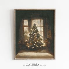 a painting of a christmas tree in front of a window with the words la galaeria di arte