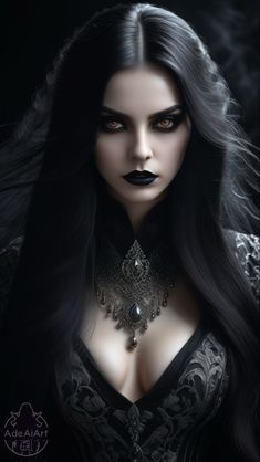 a woman with long black hair and dark makeup