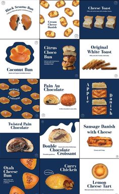 different types of breads and pastries are shown in this graphic style, with the names