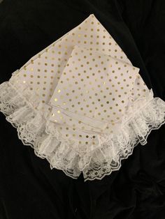 This beautiful Lapscarf is white with Gold dots. It's trimmed with a nice white lace. Each Lapscarf comes with a matching hankie.  Approximately 22'x22' First Ladies, Gold Dots, First Lady, Scarfs, Scarf Wrap, White Lace, Labour Day, Scarf Accessory, Bathing Beauties