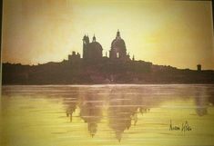 an oil painting of a castle on top of a hill in the middle of water