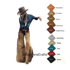 Women Handmade Western Wear Suede Leather Chap Fringes Suede Leather Pant Suede Leather Chap Riding Chaps Handmade Women Leather Chaps Pant Features: *         100 % Genuine top quality Suede leather. *          Many Colours *         Closure: Buckle, Fringes, zip *          Fringe work *         Handmade stitched work Return Policy: We take pride & joy in our products and above all customer satisfaction is very important to us. Due to this we aim to respond to any customer queries and questions Harley Gear, Western Chaps, Riding Chaps, Leather Chaps, Modern Western, Womens Trousers, Bull Riding, Leather Pant, Adventure Style