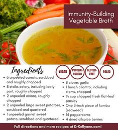 a bowl of soup with vegetables in the background and instructions on how to make it