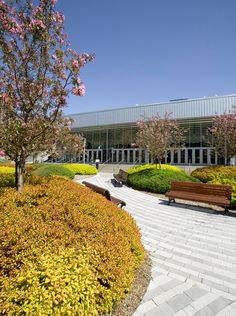 the building is surrounded by many bushes and trees with pink flowers on it's branches