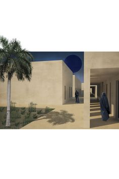 two paintings one with a palm tree and the other with a man walking towards a building