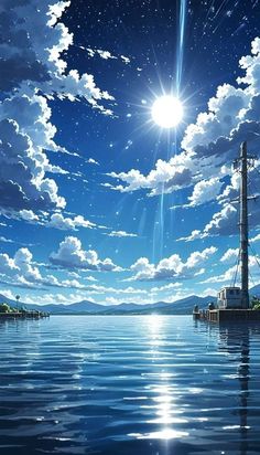 the sun shines brightly in the blue sky above water