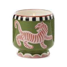 a green cup with a white tiger on the inside and black stripes around it, in front of a white background