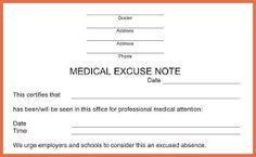 medical notice form is shown in orange and white with the words medical excuse note on it