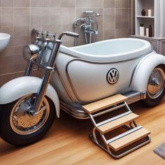 a bathroom with a bathtub shaped like a motorcycle