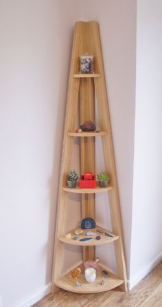 the corner shelf is made out of wood