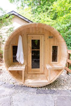 Outdoor Barrel Sauna - Tranquility Barrel Sauna | Zen Saunas Backyard Sauna, Eastern White Cedar, Wood Burning Heaters, Sauna Kit, Sauna Heaters, Traditional Saunas, Barrel Sauna, Sauna Design, Outdoor Sauna