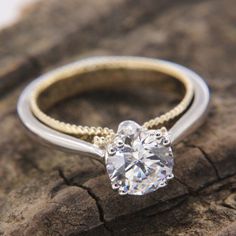 a close up of a diamond ring on a piece of wood