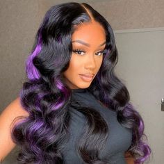 Dark Purple Highlights, Skunk Stripe Hair, Stripe Hair, Frontal Wig Body Wave, Skunk Stripe, Purple Highlights, Black Hair With Highlights, Hair Color Purple, 100 Human Hair Wigs