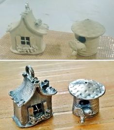 there are two small houses made out of tin cans and one has a house on it