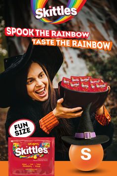 an advertisement for skittles with a witch holding a hat and candy bar in front of it