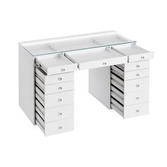 a white desk with drawers and glass top