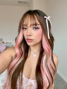 Chocolate Hair With Pink Highlights, Money Piece Pink Hair, Pink Front Strands Hair, Blonde Pink Brown Hair, Pink And Brown Balayage, Pastel Goth Hair Colors, Pink Faded Hair, Pink And Blonde Streaks, Pink Fairy Hair