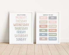 two framed posters with the words days of the week and months of the year on them