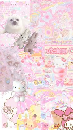 two stuffed animals sitting on top of a pink and white background with hello kitty stickers