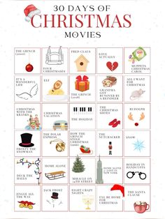 the 30 days of christmas movies poster is shown in red, white and blue colors