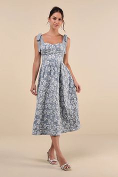 Slate Blue Jacquard Dress - Bustier Dress - Tie-Strap Midi Dress - Lulus Bridal Shower Guest Outfit, Tank Top Midi Dress, Floral Dress Wedding Guest, Jacquard Design, Bustier Dress, Floral Jacquard, Jacquard Dress, Guest Outfit, Tie Dress